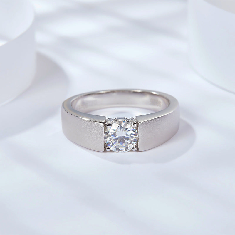 Moissanite Diamond Ring 1 Carat Silver Plated 18K White Gold Matte Men's Ring White Gold Wedding Ring Couple