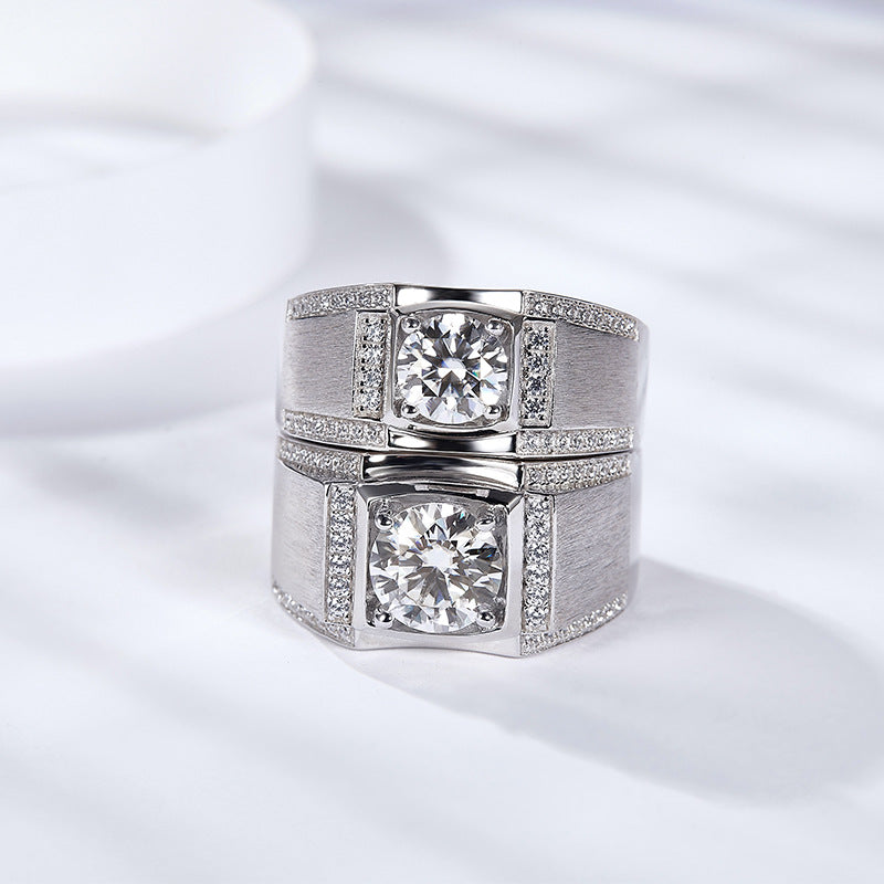 Moissanite diamond ring 1 carat silver plated 18K white gold brushed men's ring white gold wedding ring couple