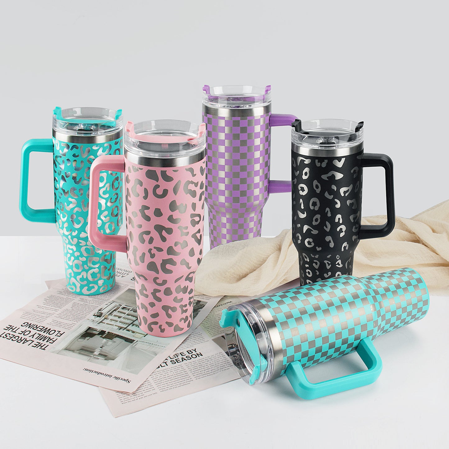 Insulated Reusable Stainless Steel Travel Mug Keeps Drinks Cold up to 24 Hours, 40 oz Tumbler with Handle and Straw Lid