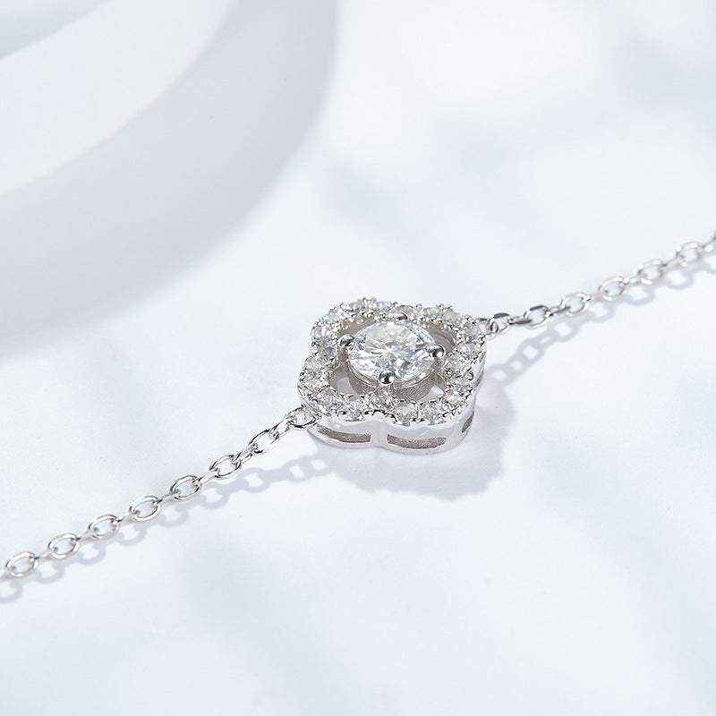 Lucky Clover Full Diamond Moissanite Women's Bracelet S925 Silver Plated 18k Gold Stacking
