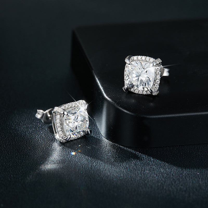 Classic square bag pillow shape 8mm full moissanite stud earrings S925 silver plated 18k gold earrings