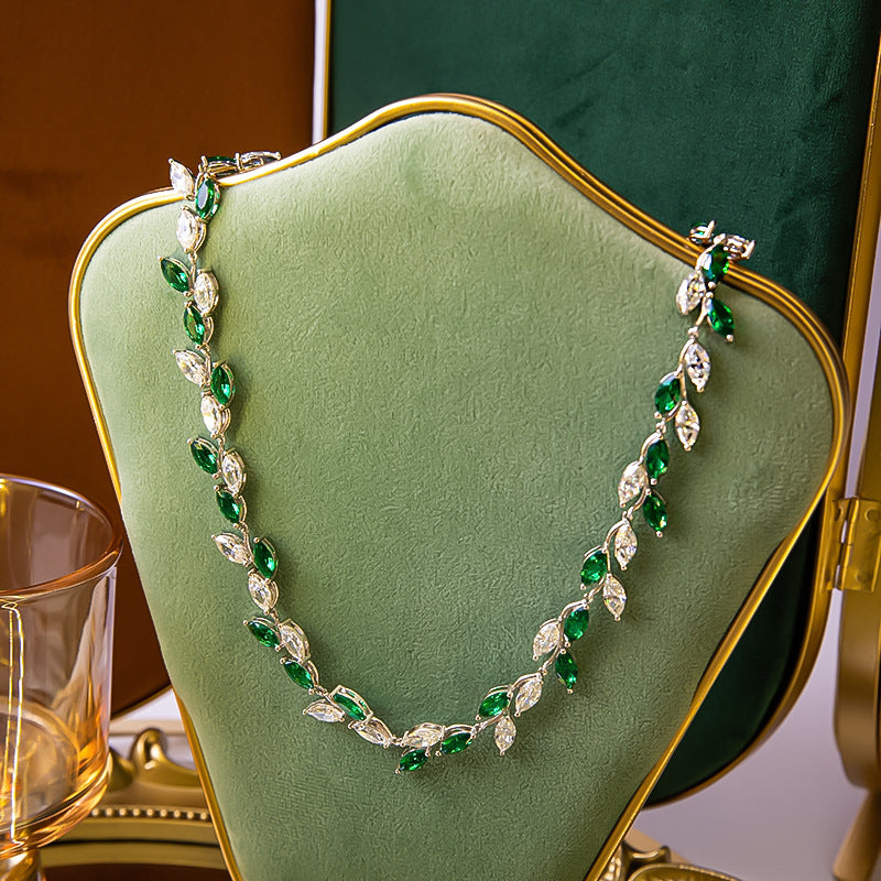 Big Set Chain Horse Eye 4.5*9mm Moissanite Leaves Full Diamond Imitation Emerald 925 Silver Necklace