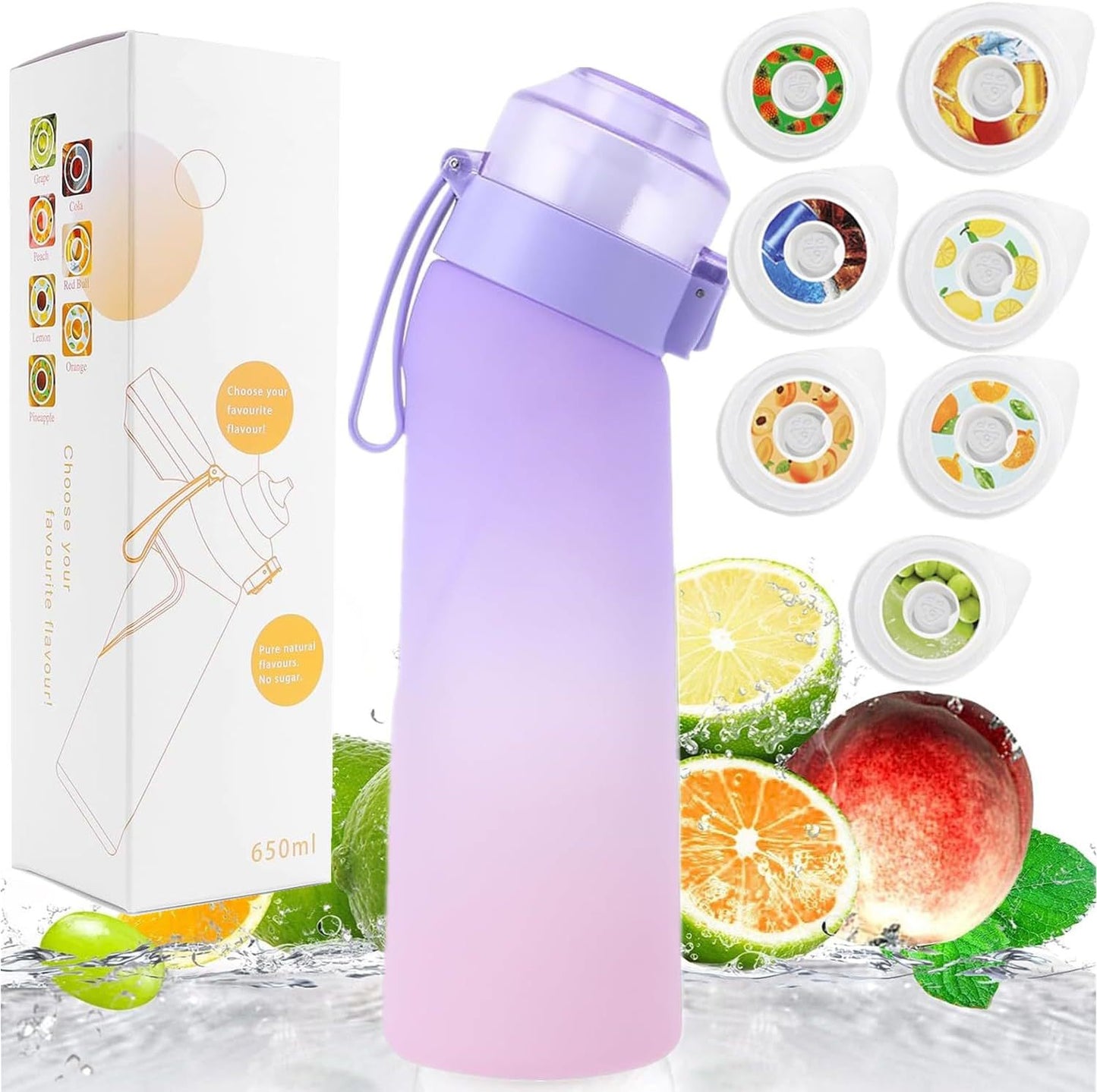 Gradient Color Water Bottle Flavour Pods Pack With 7 Flavour Pods 650ml Fruit Fragrance Scented Water Cup BPA Free 0% Sugar