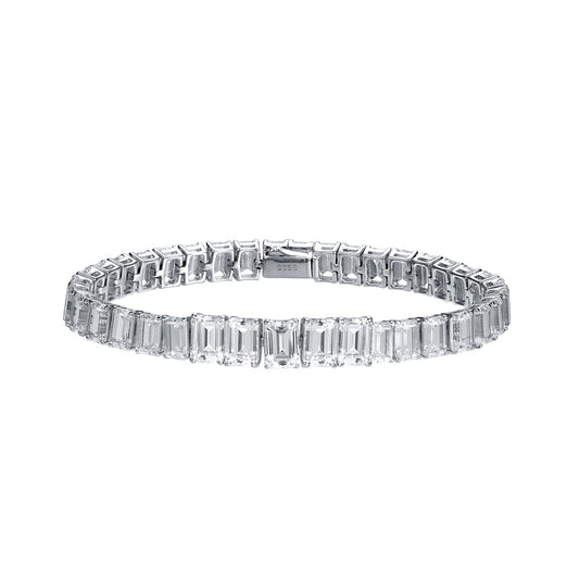 Matching full diamond emerald cut D moissanite bracelet is luxuriously set with S925 silver and 18k gold plating bracelet