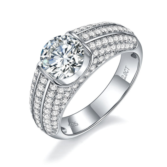 Luxury set full diamond round 2 carat moissanite domineering men's S925 silver plated 18k gold ring