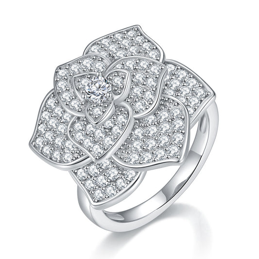 Niche fashion camellia ring full diamond D color VVS moissanite ladies S925 silver plated 18k gold ring