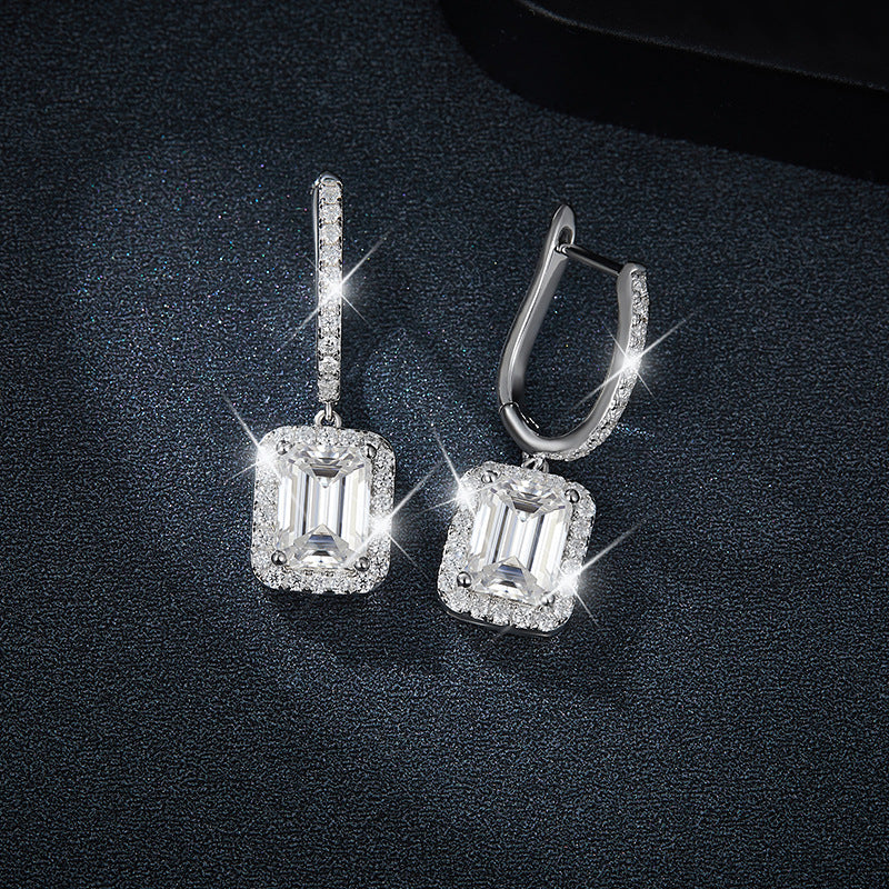 Emerald cut 6*8mm round inlaid square bag earrings S925 sterling silver gold-plated women's full Moissanite earrings
