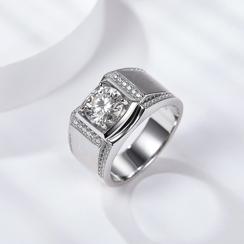Moissanite diamond ring 1 carat silver plated 18K white gold brushed men's ring white gold wedding ring couple