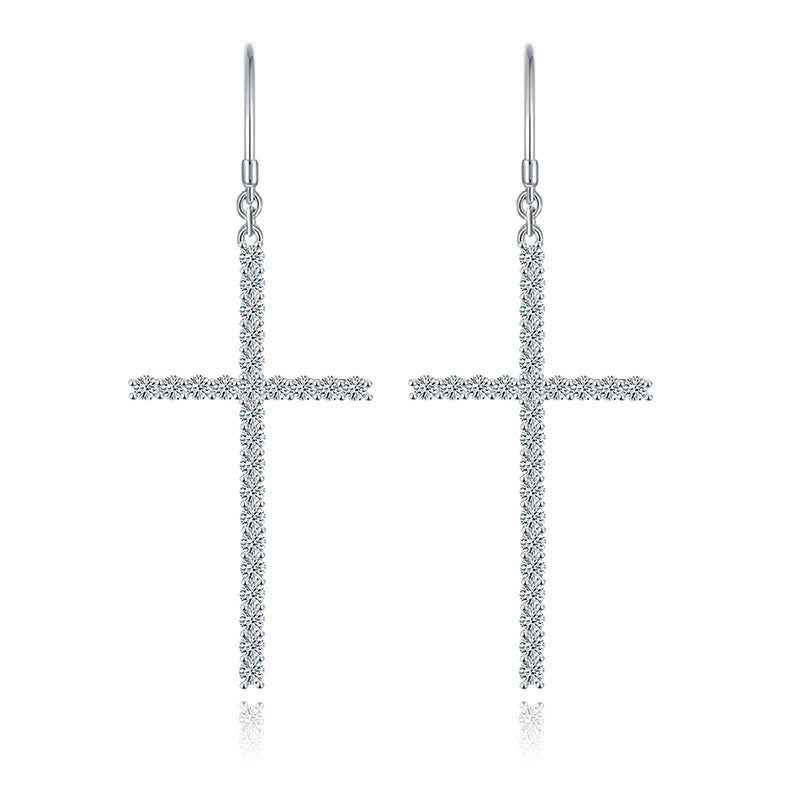 Oversized cross full diamond 1.8mm round moissanite ear hook S925 silver plated 18k gold earrings
