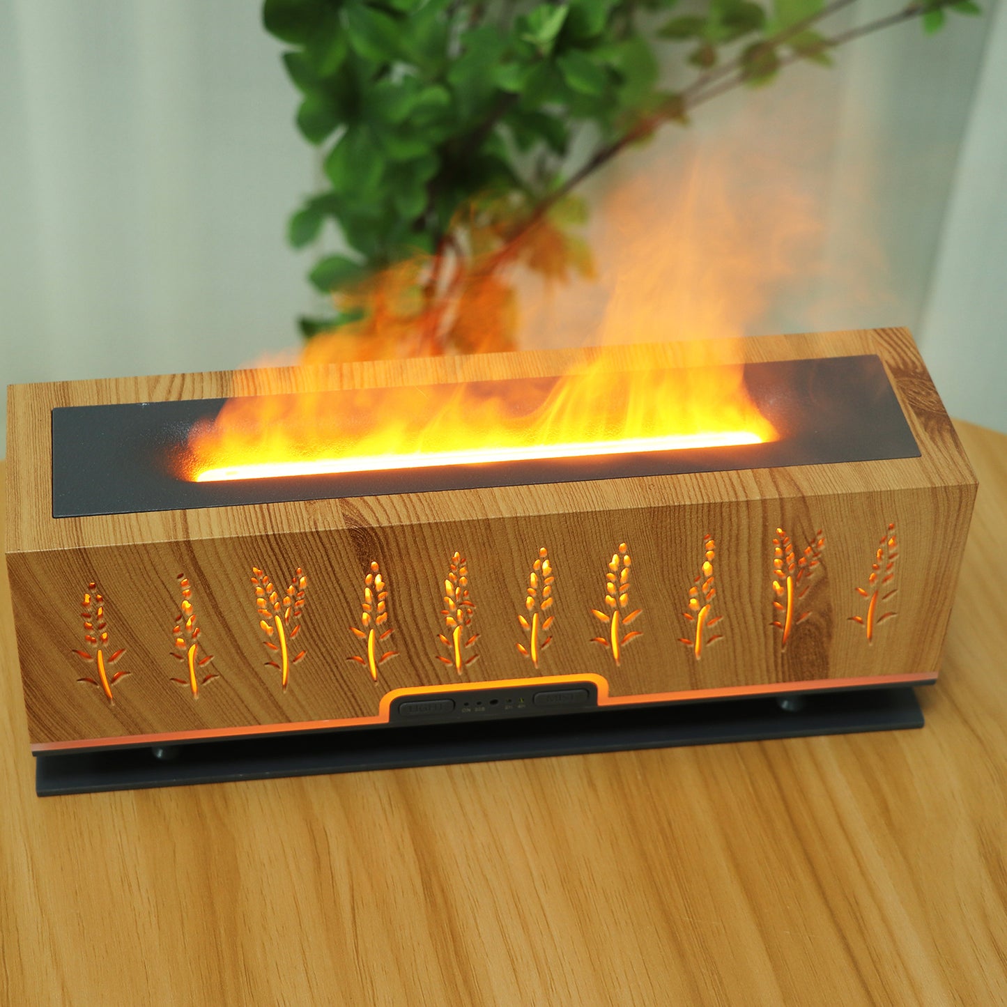 Wood Grain Hollow Wheat Ear Flame Humidifier 3D Flame Bedroom Home Office Atmosphere Night Light Aroma Diffuser