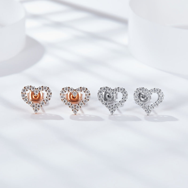 Classic small fresh full diamond moissanite heart earrings silver plated 18k white gold rose gold heart stud earrings