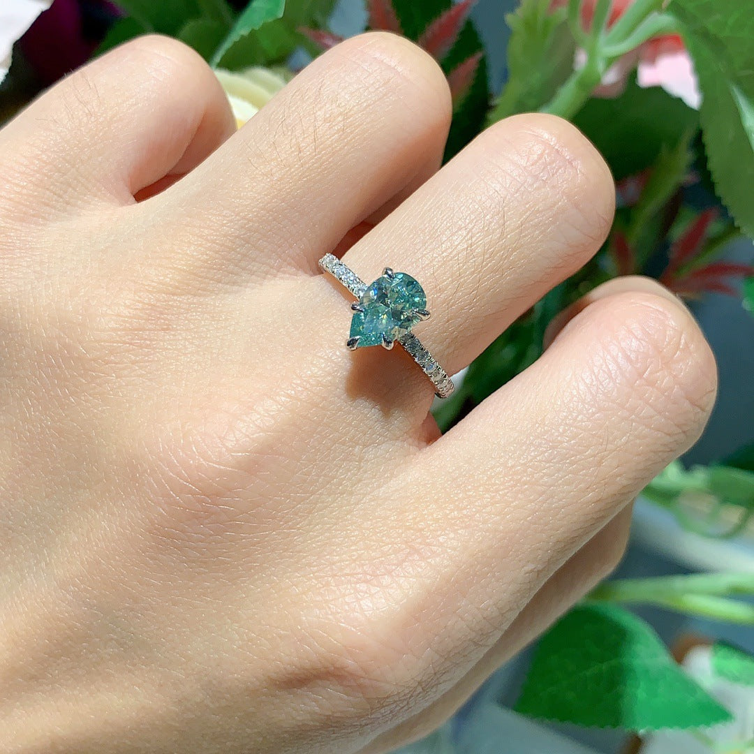Teardrop shaped 6*9mm pear-shaped light sea blue full moissanite silver plated 18k gold ring