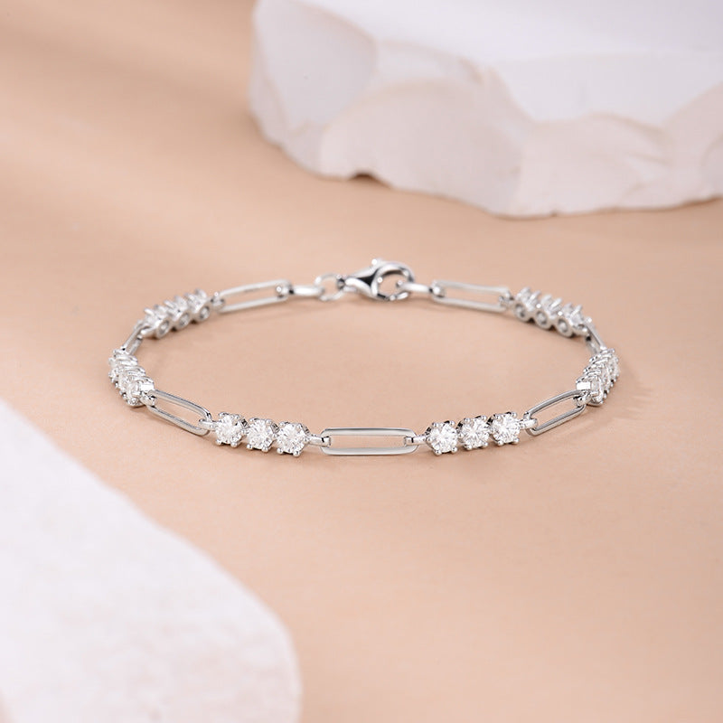 Round diamond 3.0mm D color VVS Moissanite S925 silver and yellow gold plated paper clip bracelet