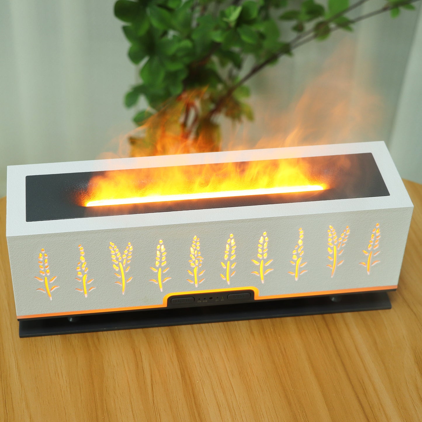 Wood Grain Hollow Wheat Ear Flame Humidifier 3D Flame Bedroom Home Office Atmosphere Night Light Aroma Diffuser