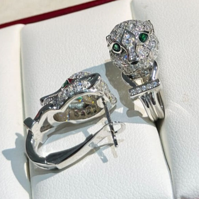 White Gold Green-eyed Leopard Head Crystal Earrings