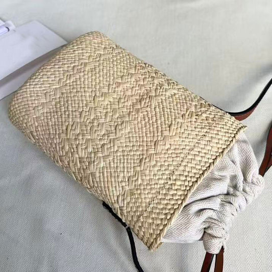 Paula's Ibiza Leather-Trimmed Raffia Bucket Bag