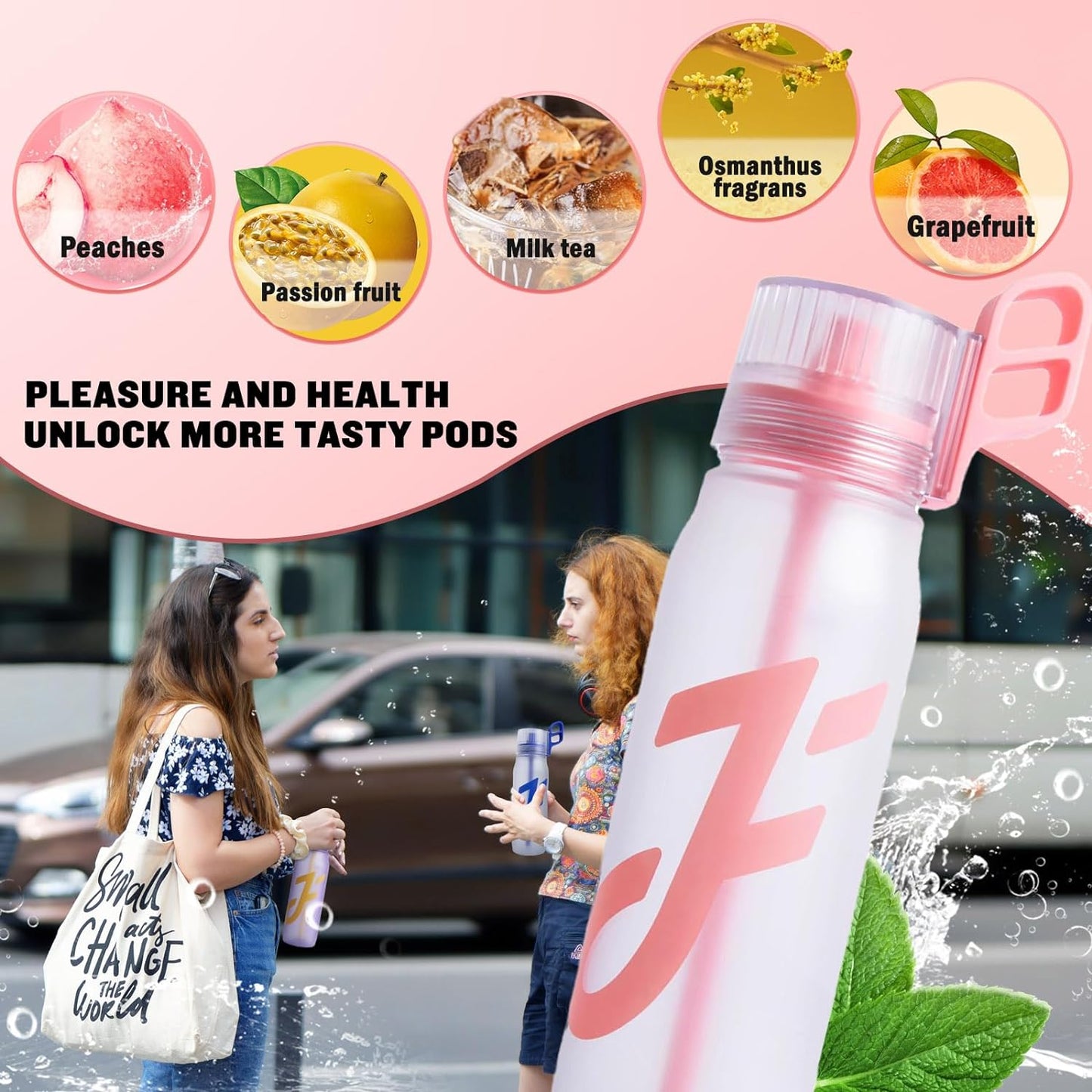 650ml Air Water Bottle Fruit Fragrance Air Starter Set Drinking Bottles with 5 Flavour Pods 0 Sugar, Leak-proof, BPA Free