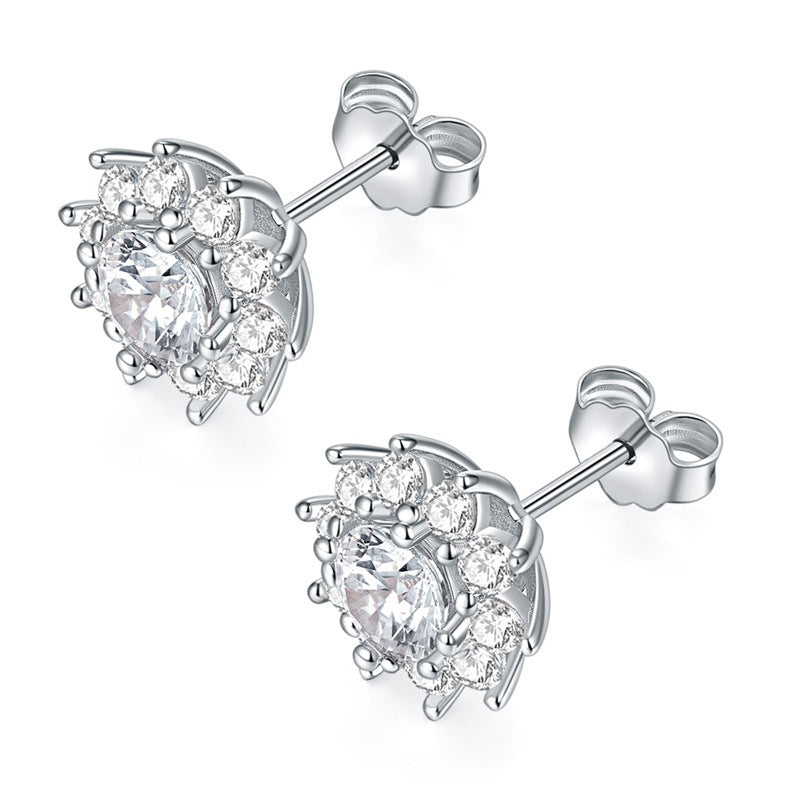 Classic sunflower halo set with 50 points moissanite diamonds, large silver plated 18k gold women's sunflower shaped stud earrings