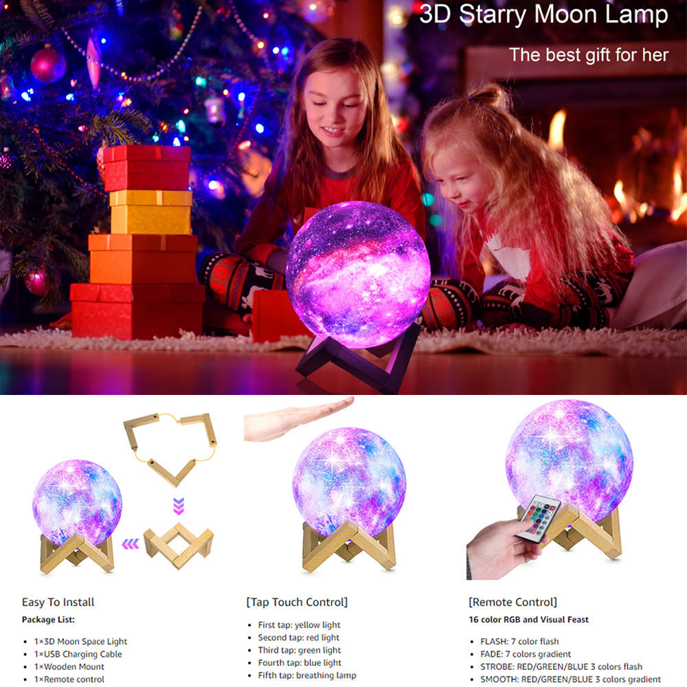 Moon Night Light Dimmable 3D Print Galaxy Moon Light with Stand Remote & Touch Control and USB Rechargeable