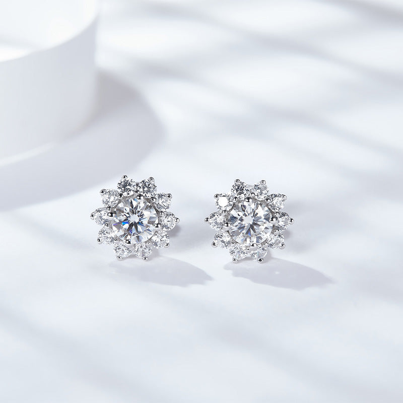 Classic sunflower halo set with 50 points moissanite diamonds, large silver plated 18k gold women's sunflower shaped stud earrings