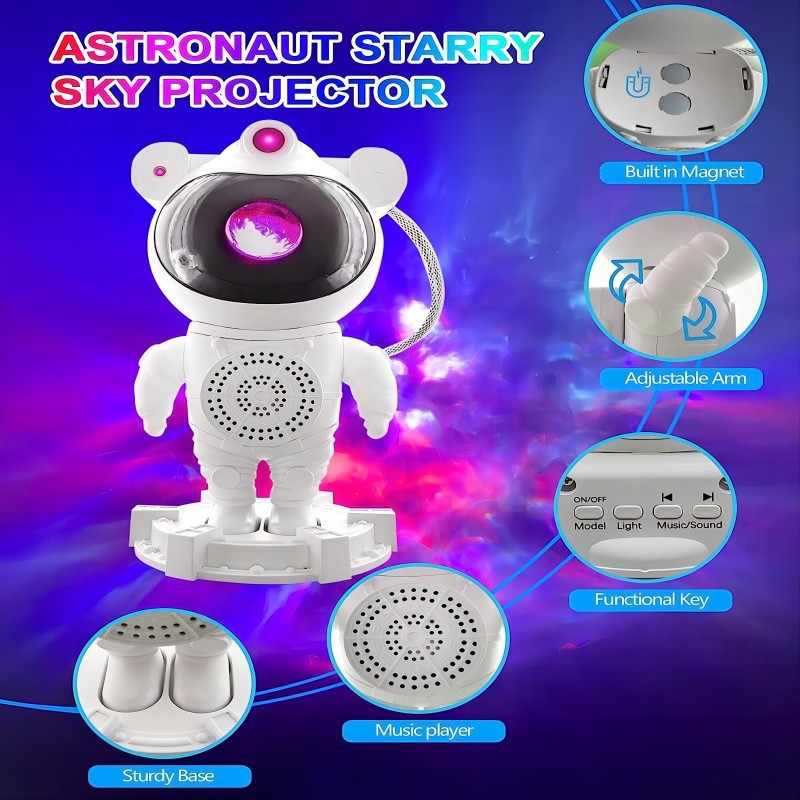 Astronaut starry sky projector lamp, standing posture, Bluetooth audio, white noise projection atmosphere lamp