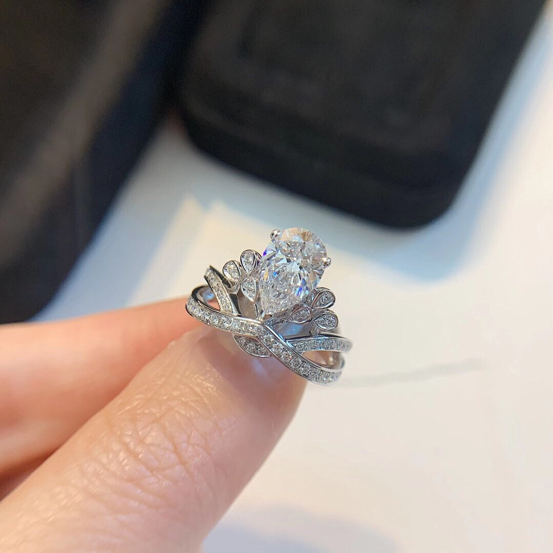 Coronation Egret Feather Drop Pear Moissanite Emerald Red Sapphire Crown Ring