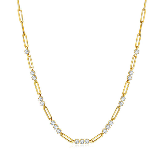Ins stacking style 3.0mm round moissanite paper clip clavicle chain S925 silver plated 18k yellow gold ladies necklace