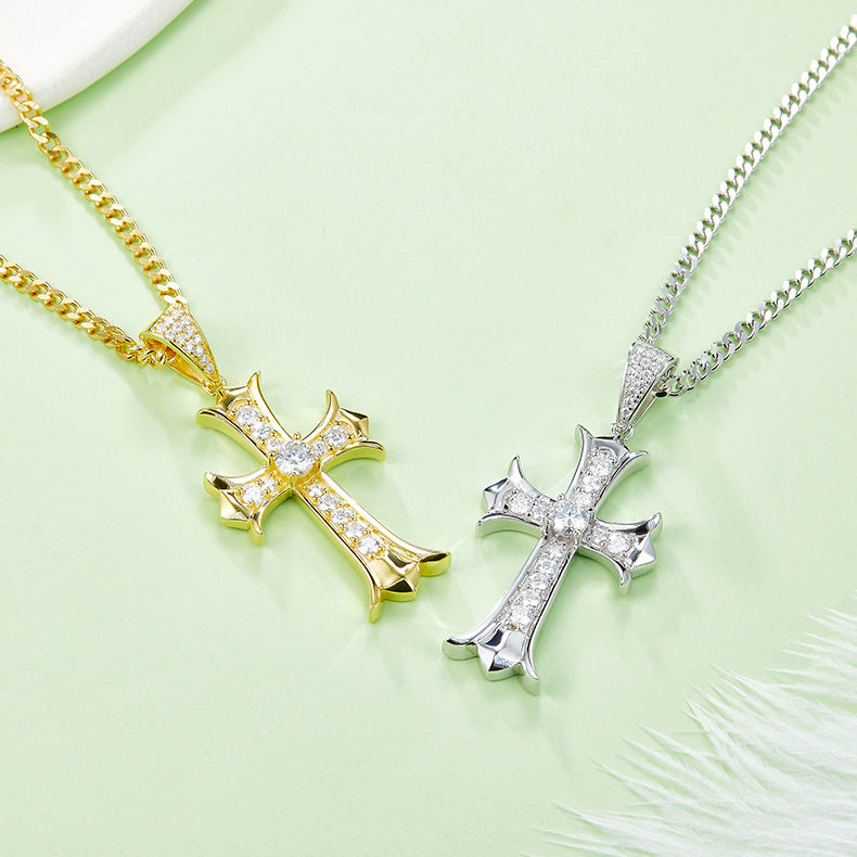Oldschool retro street style cross silver plated 18k gold plated 5.0mm full moissanite necklace
