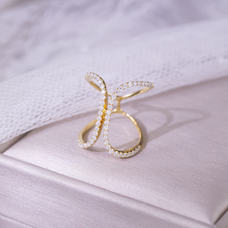 Niche design ins-style double C curve full diamond D color VVS moissanite row ring women's silver plated 18k gold ring