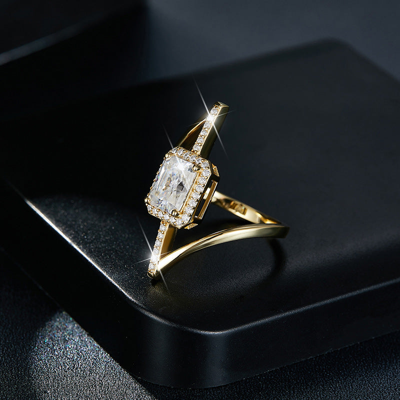 Niche Design 6*8mm radiant 2 Carat Moissanite Diamond Asymmetrical Fashion Women's Silver Gold Plated Ring
