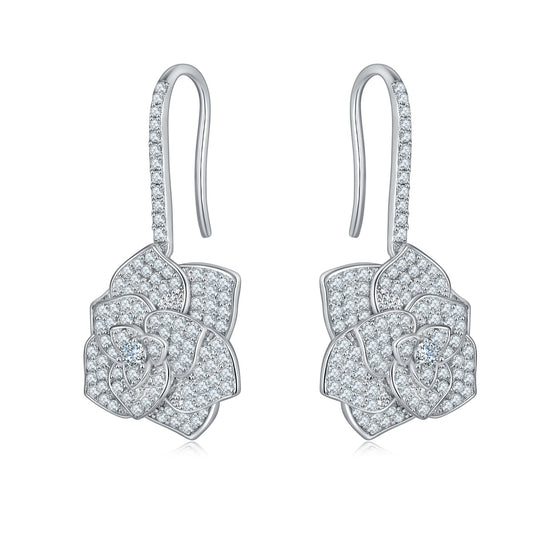 Luxury full diamond D color moissanite earrings S925 sterling silver gilt camellia ear hooks