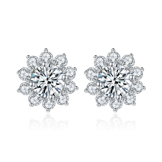 Classic sunflower halo set with 50 points moissanite diamonds, large silver plated 18k gold women's sunflower shaped stud earrings