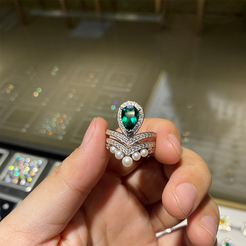 Pear-shaped moissanite topaz emerald natural freshwater pearl ring