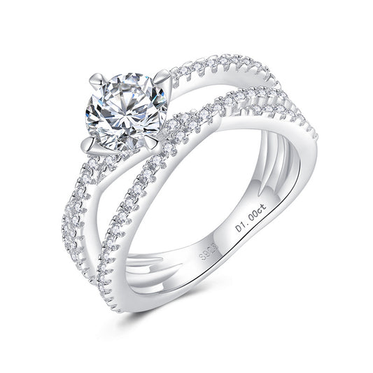 Sansheng III staggered wall silver-plated 18K gold D-color moissanite diamond ring gift