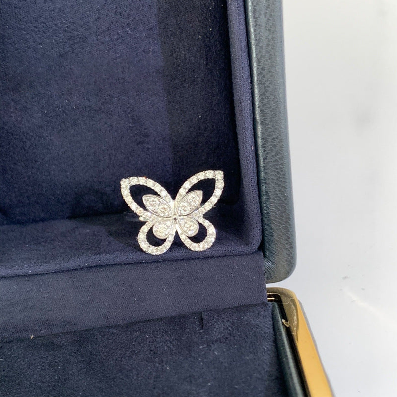 S925 Sterling Silver Moissanite Ring Women's Vintage Full Diamond Butterfly Fashion Personality Super Fairy Ring Gift
