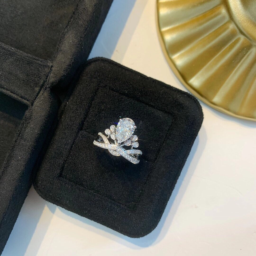 Coronation Egret Feather Drop Pear Moissanite Emerald Red Sapphire Crown Ring