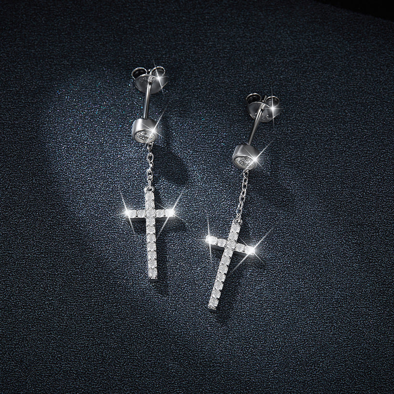 Bubble stitching cross earrings full moissanite 925 silver plated 18k gold stud earrings
