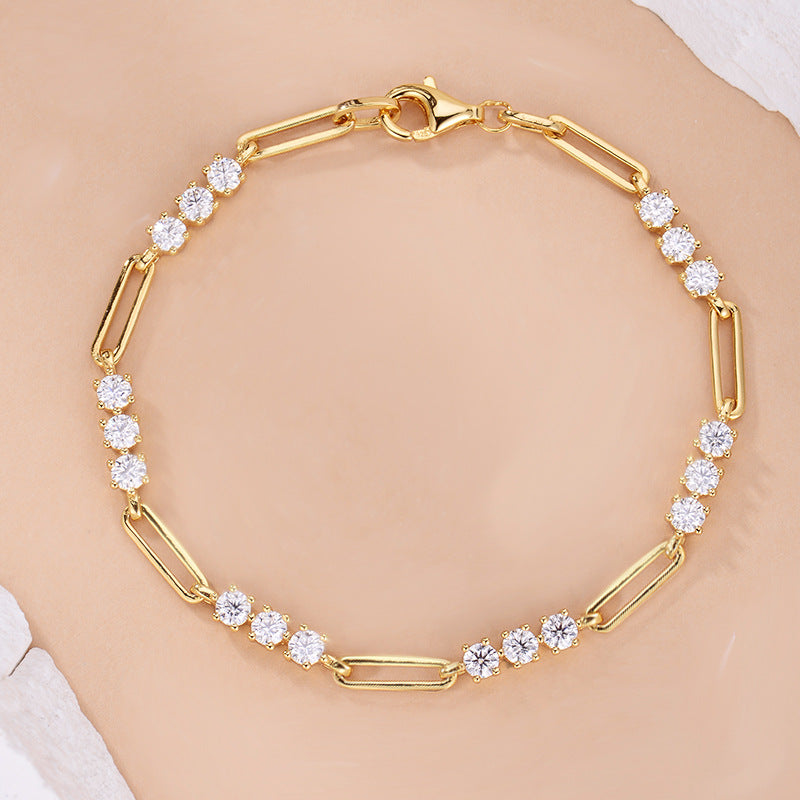 Round diamond 3.0mm D color VVS Moissanite S925 silver and yellow gold plated paper clip bracelet
