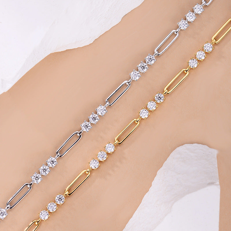 Round diamond 3.0mm D color VVS Moissanite S925 silver and yellow gold plated paper clip bracelet