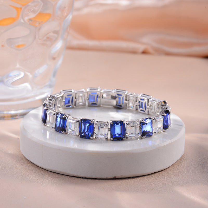 New Luxury Lab-grown Sapphire 7*9mm Emerald Cut Full Diamond Sterling Silver Plated 18k Gold Bracelet