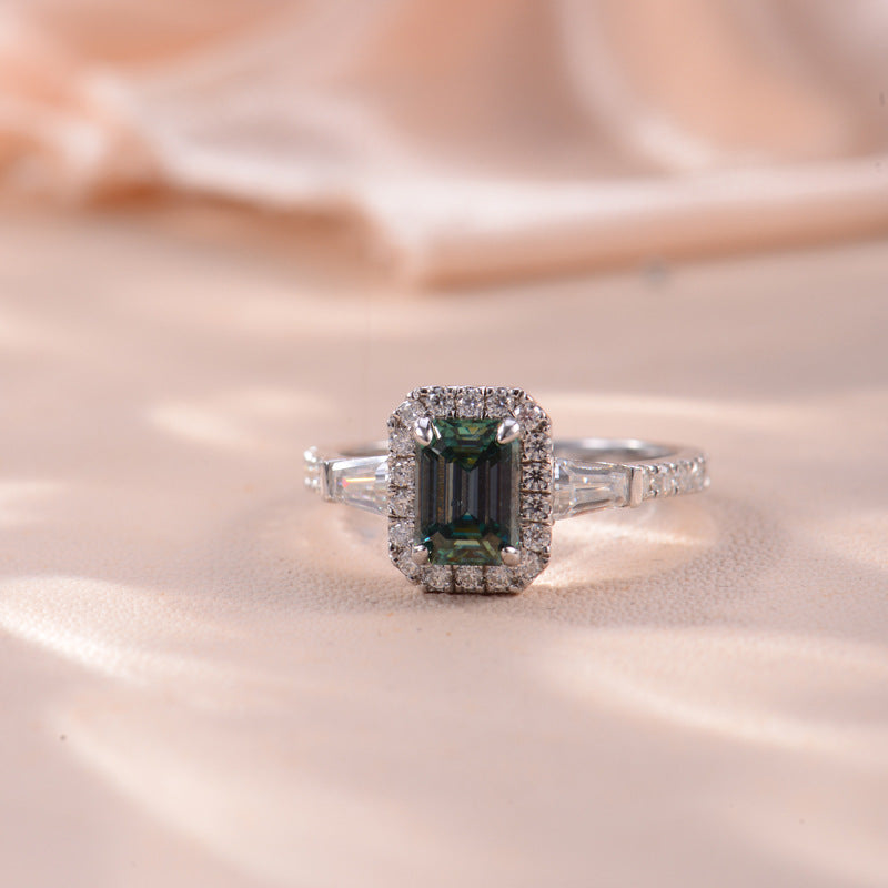 5*7mm emerald cut green moissanite over diamond pen silver plated 18k gold ladies full moissanite ring