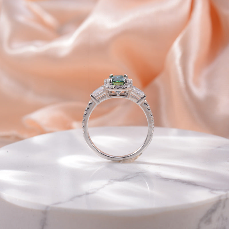5*7mm emerald cut green moissanite over diamond pen silver plated 18k gold ladies full moissanite ring