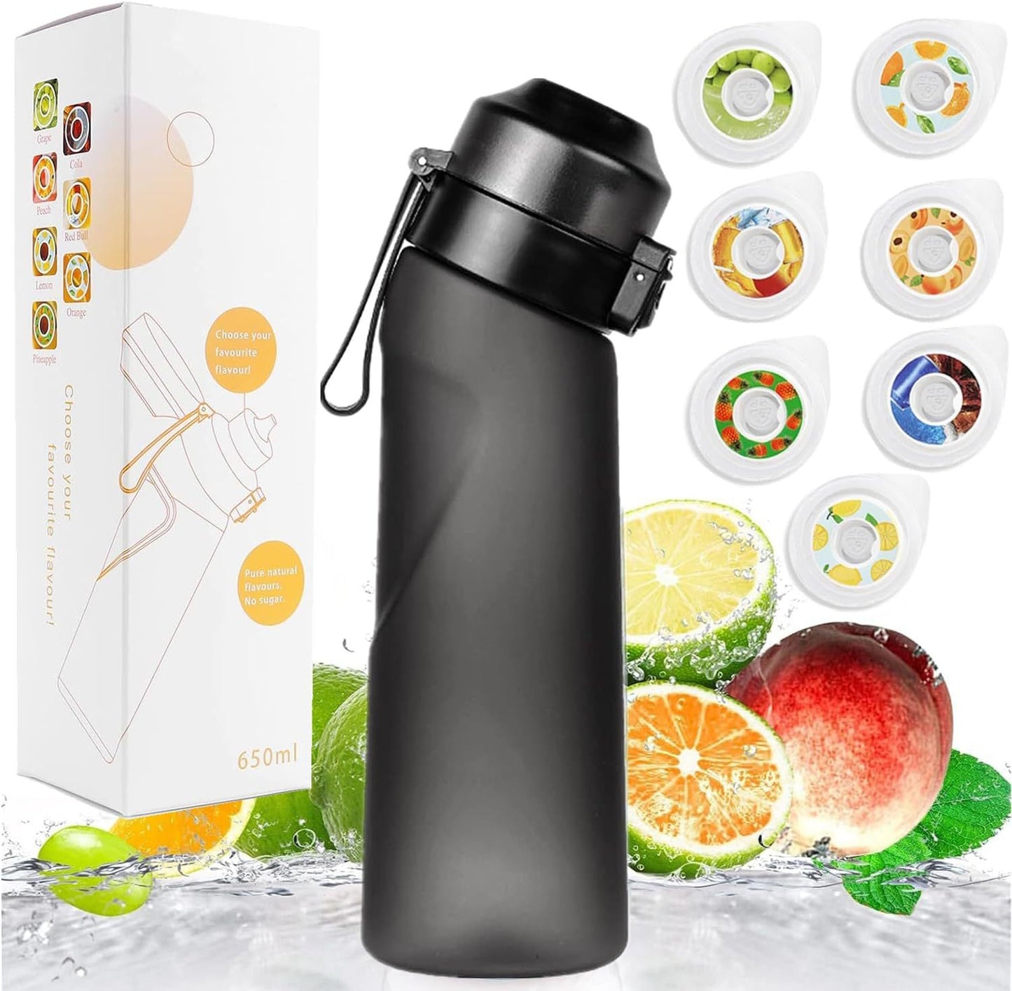 Gradient Color Water Bottle Flavour Pods Pack With 7 Flavour Pods 650ml Fruit Fragrance Scented Water Cup BPA Free 0% Sugar