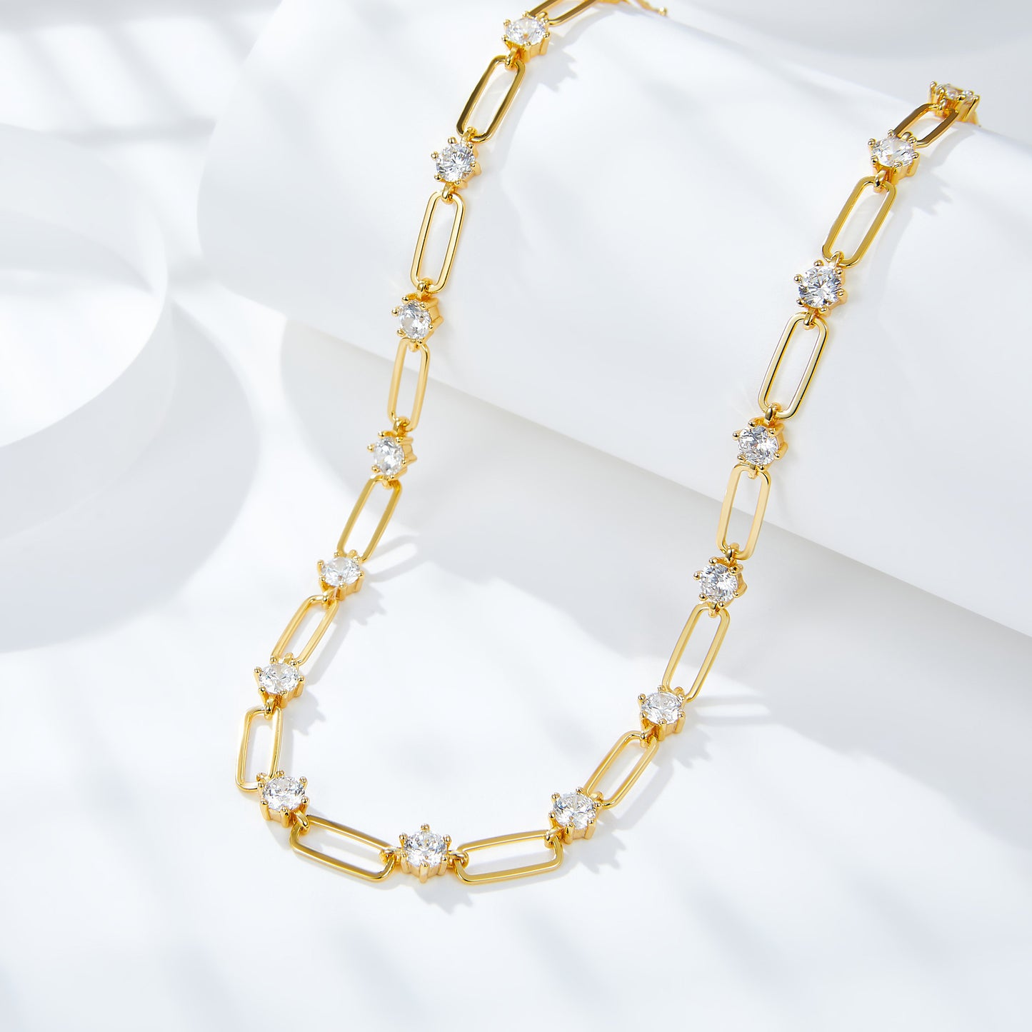 Ins retro style stacked 4.5mm round D color moissanite silver plated 18k gold paper clip necklace