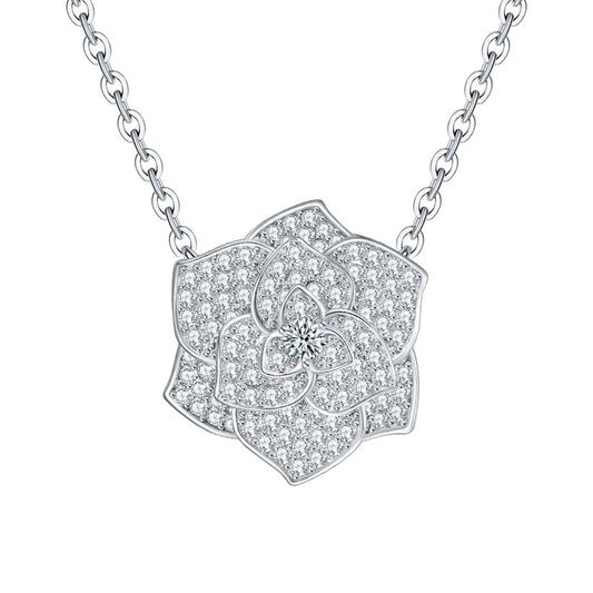 Classic camellia pendant full diamond moissanite S925 silver plated 18k gold ladies necklace