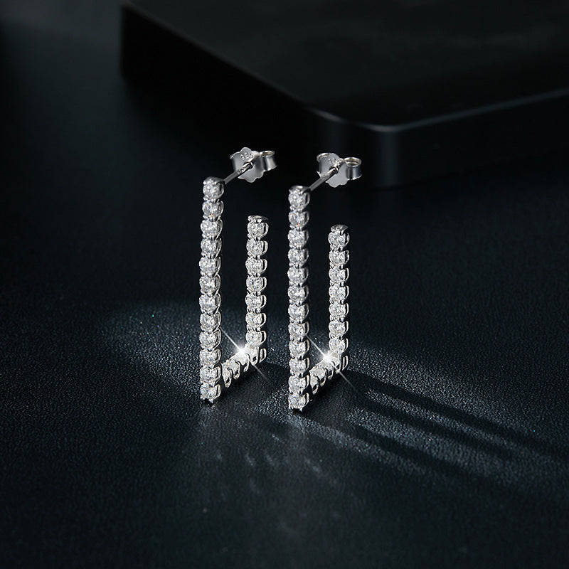 Square irregular earrings women's high-end sense full of diamond moissanite S925 sterling silver stud earrings