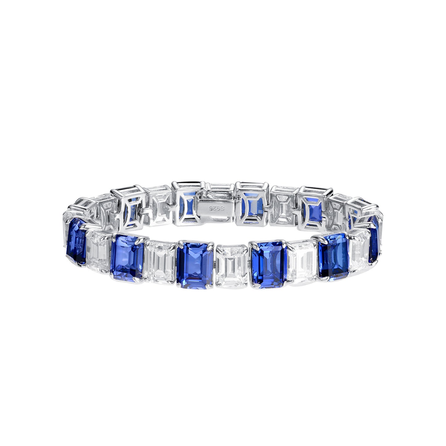 New Luxury Lab-grown Sapphire 7*9mm Emerald Cut Full Diamond Sterling Silver Plated 18k Gold Bracelet