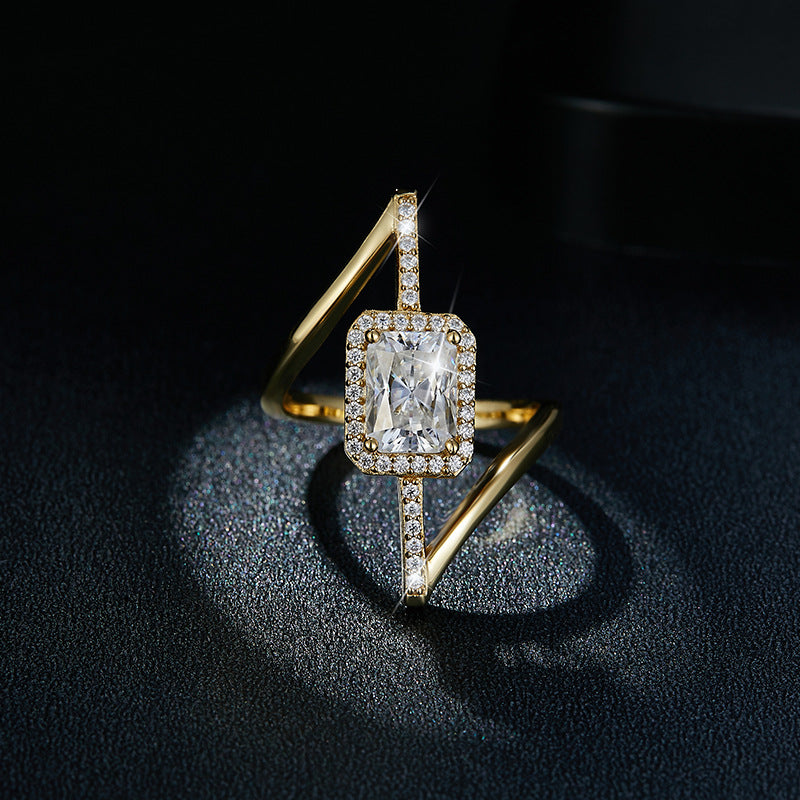 Niche Design 6*8mm radiant 2 Carat Moissanite Diamond Asymmetrical Fashion Women's Silver Gold Plated Ring