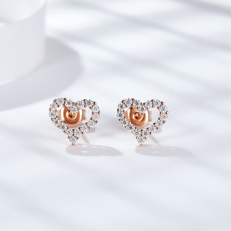 Classic small fresh full diamond moissanite heart earrings silver plated 18k white gold rose gold heart stud earrings