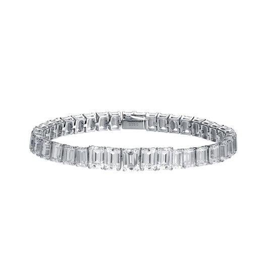 Matching full diamond emerald cut D moissanite bracelet is luxuriously set with S925 silver and 18k gold plating bracelet